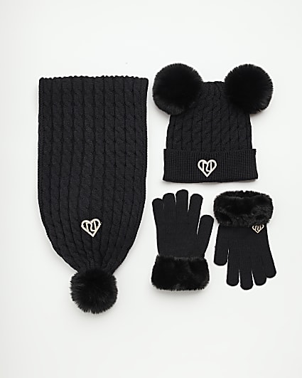 gIRLS BLACK RI pom pom hat and scarf gift set