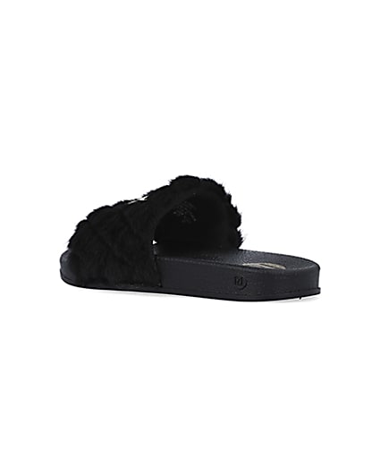 360 degree animation of product Girls black RI quilted faux fur sliders frame-6