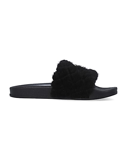 360 degree animation of product Girls black RI quilted faux fur sliders frame-16