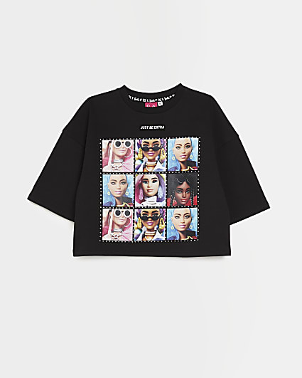 Girls black RI x Barbie print t-shirt
