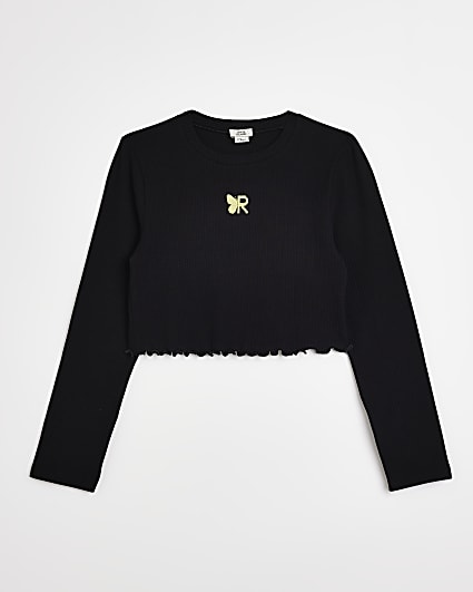 Girls black rib embroidered long sleeve top