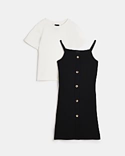 Girls Black Ribbed 2 in 1 Button Front Dress