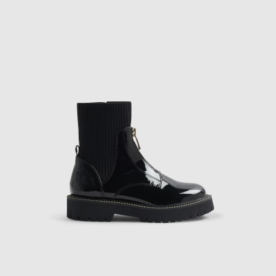 Girls Black Ribbed Cuff Zip Front Boots