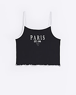 Girls Black Ribbed Graphic Cami Top