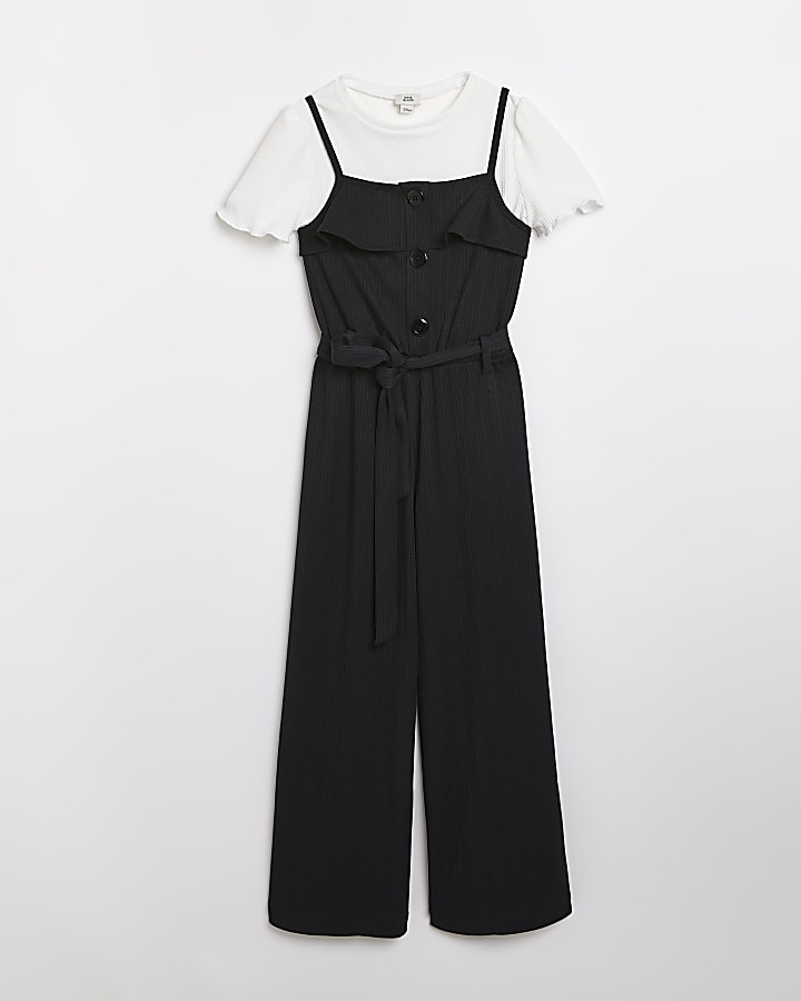 Girls black ribbed jumpsuit with t-shirt