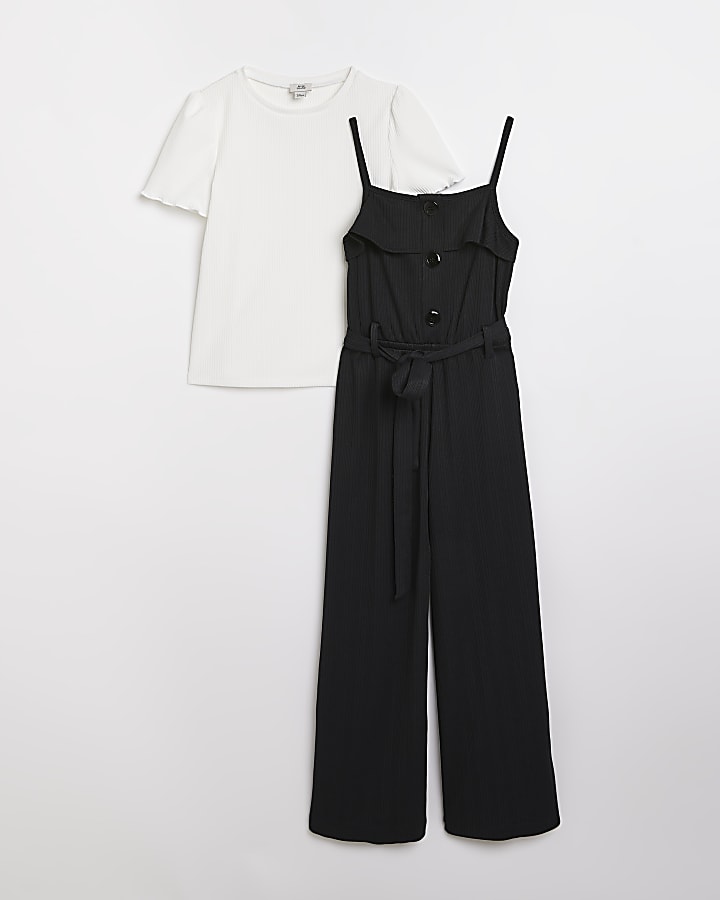 Girls black ribbed jumpsuit with t-shirt