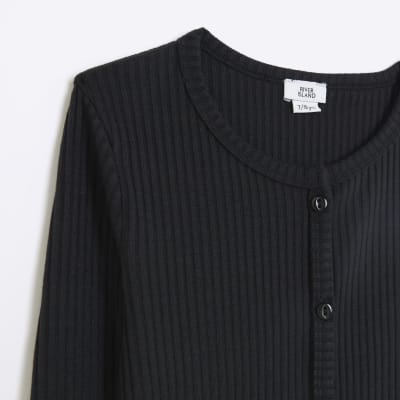 Girls black ribbed lettuce hem cardigan