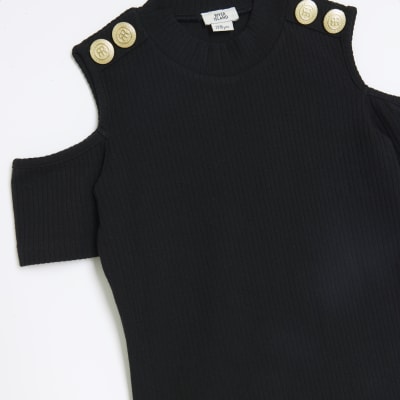 Girls black ribbed military button bodysuit