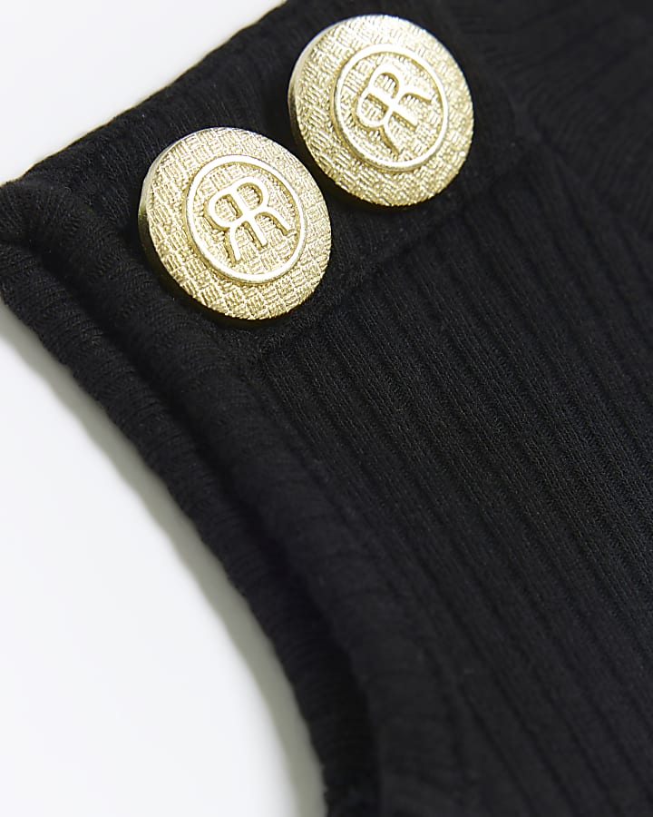 Girls black ribbed military button bodysuit
