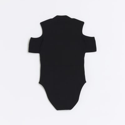 Girls black ribbed military button bodysuit