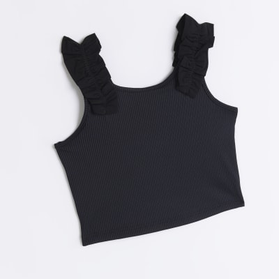 Girls Black ribbed ruched strap crop top