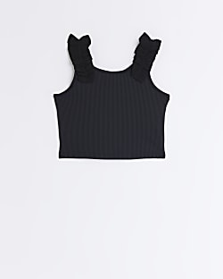Girls Black ribbed ruched strap crop top