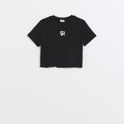 Girls black ribbed ruffle hem t-shirt