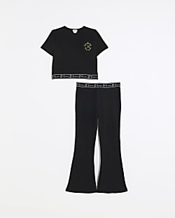 Girls black ribbed wrap top and trousers set