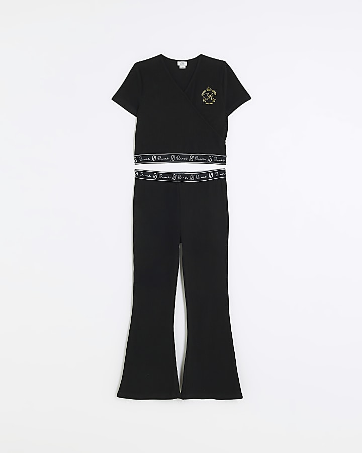 Girls black ribbed wrap top and trousers set