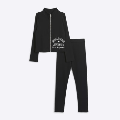 Girls black ribbed zip up sweatshirt set River Island