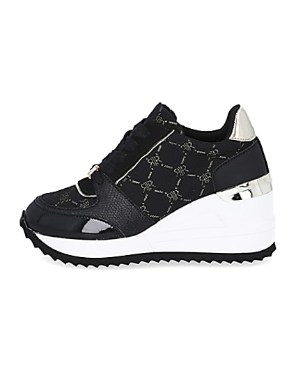 360 degree animation of product Girls black RIR monogram wedge trainers frame-3