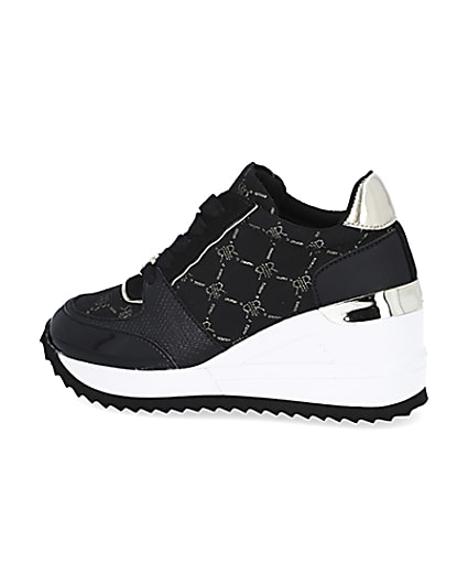 360 degree animation of product Girls black RIR monogram wedge trainers frame-4