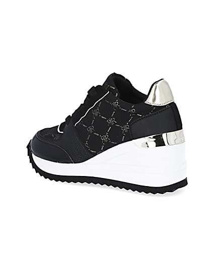 360 degree animation of product Girls black RIR monogram wedge trainers frame-5