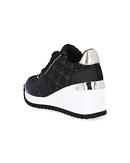 360 degree animation of product Girls black RIR monogram wedge trainers frame-6