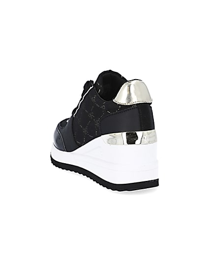 360 degree animation of product Girls black RIR monogram wedge trainers frame-7