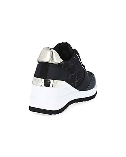 360 degree animation of product Girls black RIR monogram wedge trainers frame-11