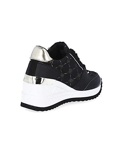 360 degree animation of product Girls black RIR monogram wedge trainers frame-12