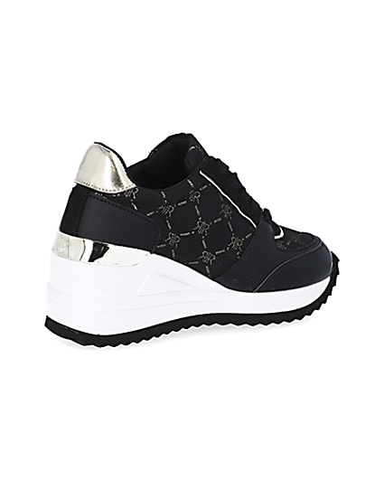 360 degree animation of product Girls black RIR monogram wedge trainers frame-13