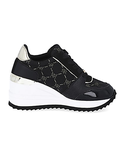 360 degree animation of product Girls black RIR monogram wedge trainers frame-15