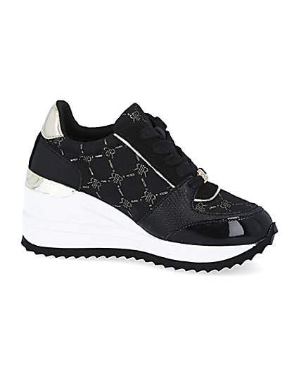 360 degree animation of product Girls black RIR monogram wedge trainers frame-16