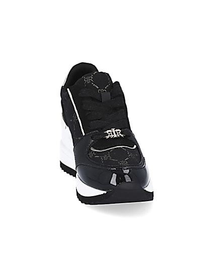 360 degree animation of product Girls black RIR monogram wedge trainers frame-20