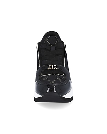 360 degree animation of product Girls black RIR monogram wedge trainers frame-21