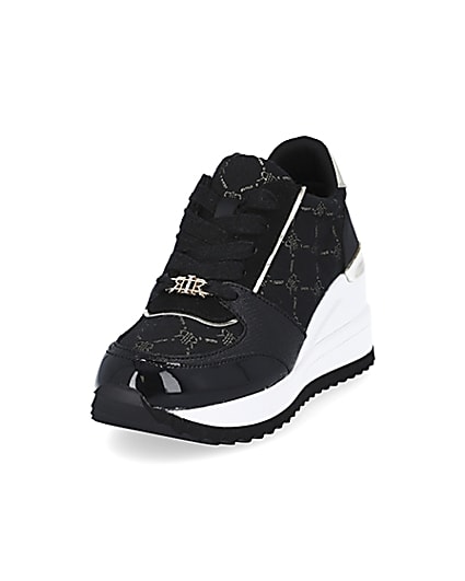 360 degree animation of product Girls black RIR monogram wedge trainers frame-23