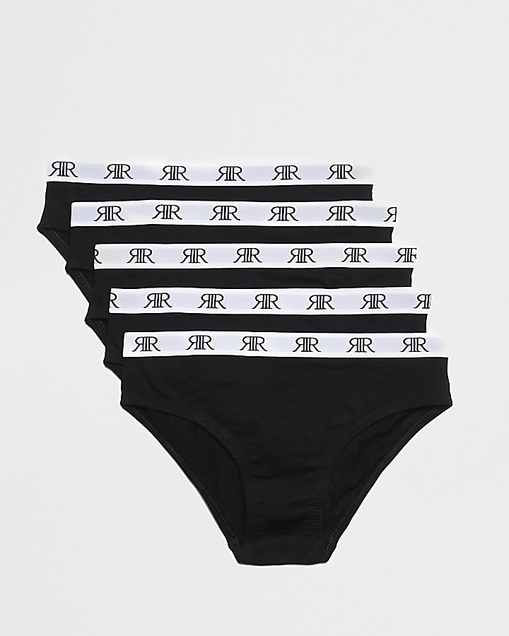 Girls black 'RR' waistband briefs 5 pack