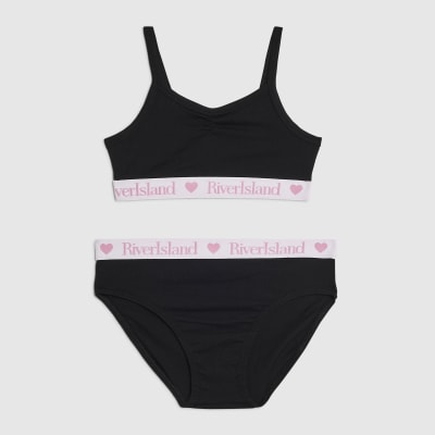 Girls Black Ruched Crop Top And Brief Set