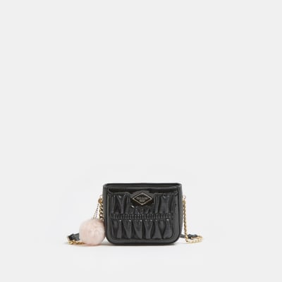 Girls black ruched cross body chain bag