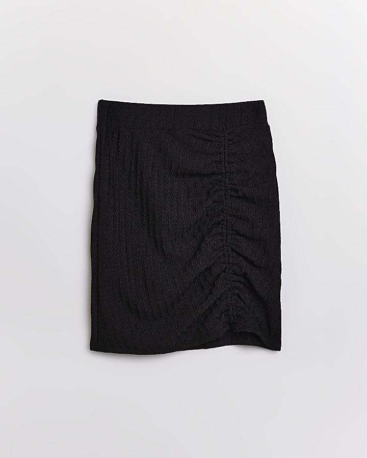 Girls black ruched mini skirt