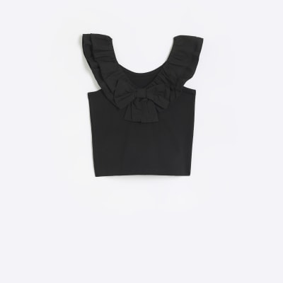 GIRLS BLACK RUFFLE SLEEVE CROP TOP