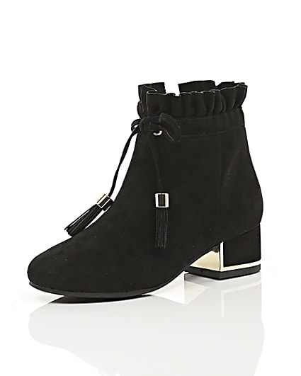 360 degree animation of product Girls black ruffle top block heel ankle boots frame-0