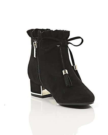 360 degree animation of product Girls black ruffle top block heel ankle boots frame-6
