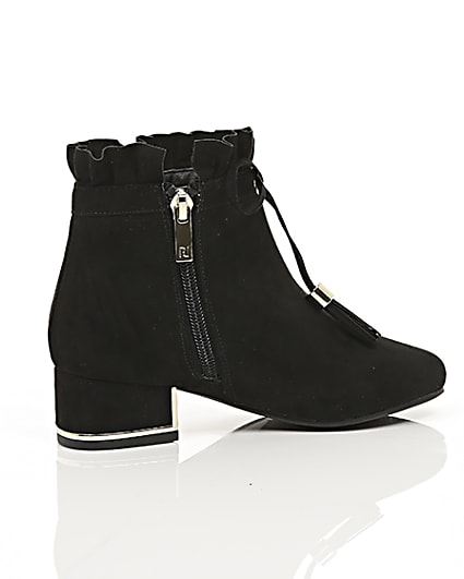 360 degree animation of product Girls black ruffle top block heel ankle boots frame-11