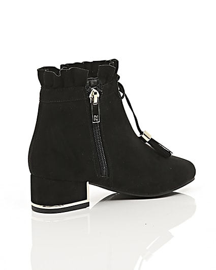 360 degree animation of product Girls black ruffle top block heel ankle boots frame-12
