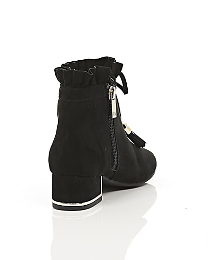 360 degree animation of product Girls black ruffle top block heel ankle boots frame-14