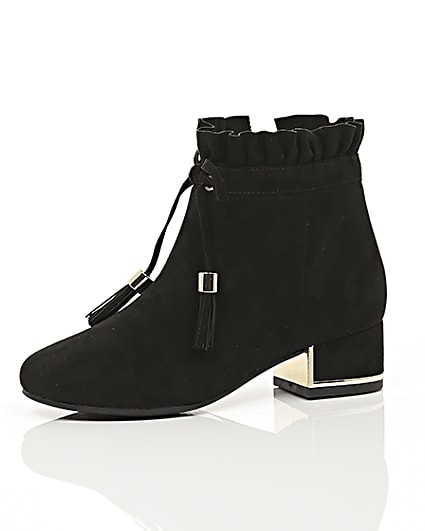 360 degree animation of product Girls black ruffle top block heel ankle boots frame-23