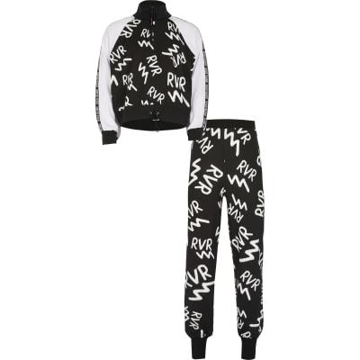 Girls black RVR print Active tracksuit | River Island