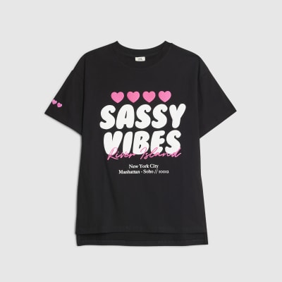 Girls Black Sassy Vibes T-Shirt River Island