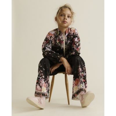 Girls Black Satin Floral Trousers