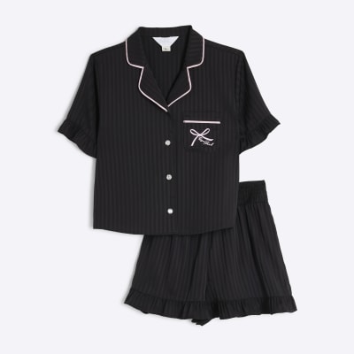 Girls Black Satin Frill Shorts Pyjama Set River Island