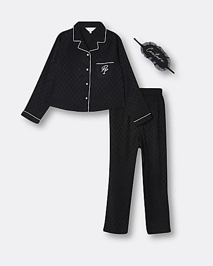 Girls black satin RI monogram pyjama set