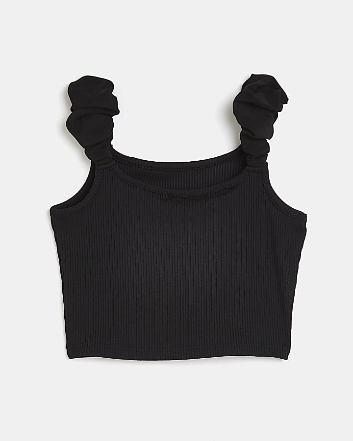 Girls black scrunched strap cropped camisole